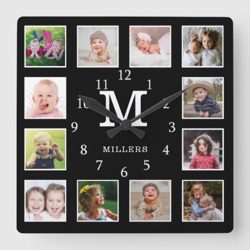 Custom 12 Photo Collage Family Name Monogram Black Square Wall Clock