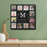 Custom 12 Photo Collage Family Name Monogram Black Square Wall Clock<br><div class="desc">Create your own photo collage wall clock with 12 of your favorite pictures. The photo frame clock helps you treasure your special moments and also makes a thoughtful gift for parents, grandparents and friends. The personalized clock makes it a perfect gift for all occasions. Personalize with monogram initial, and family...</div>