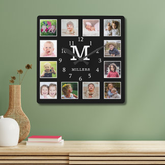 Custom 12 Photo Collage Family Name Monogram Black Square Wall Clock