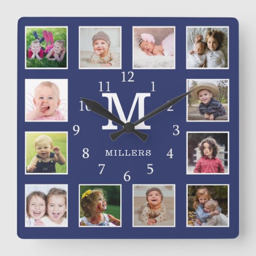Custom 12 Photo Collage Family Name Monogram Blue Square Wall Clock