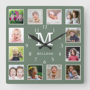 Custom 12 Photo Collage Family Name Monogram Green Square Wall Clock