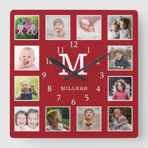 Custom 12 Photo Collage Family Name Monogram Red Square Wall Clock