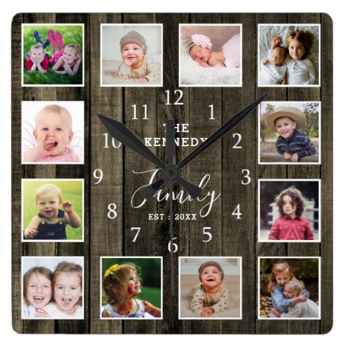 Custom 12 Photo Collage Family Name Quote Wood Square Wall Clock