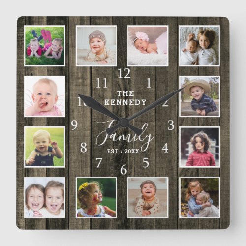 Custom 12 Photo Collage Family Name Quote Wood Square Wall Clock