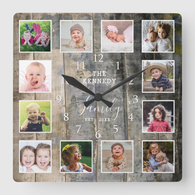 Custom 12 Photo Collage Family Name Stained Wood Square Wall Clock (Front)