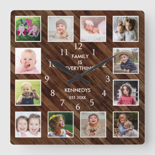 Custom 12 Photo Collage Family Quote Barn Wood Square Wall Clock