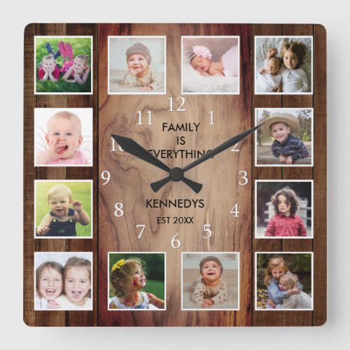 Custom 12 Photo Collage Family Quote Brown Wood Square Wall Clock