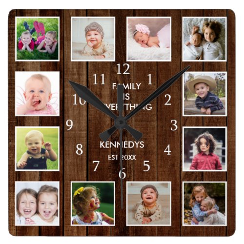 Custom 12 Photo Collage Family Quote Pallet Wood Square Wall Clock