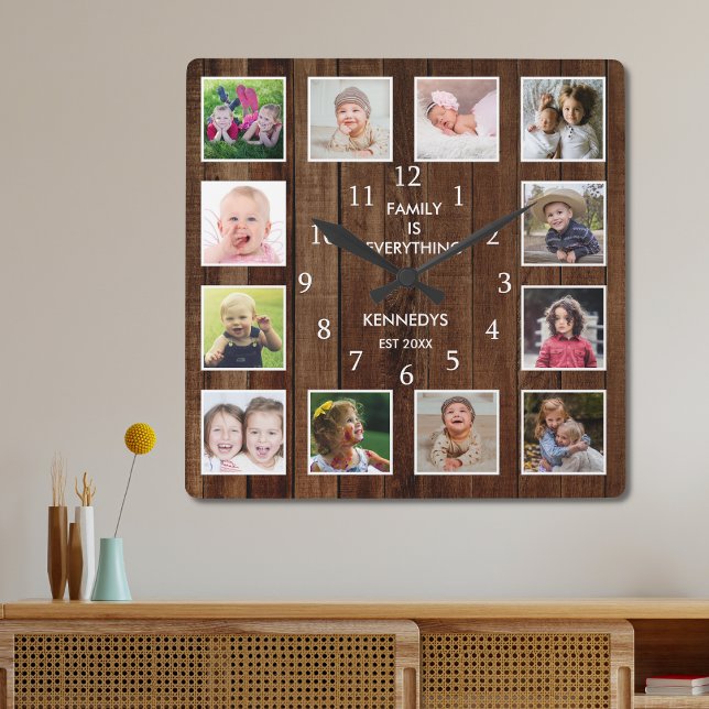 Custom 12 Photo Collage Family Quote Pallet Wood Square Wall Clock (Creator Uploaded)