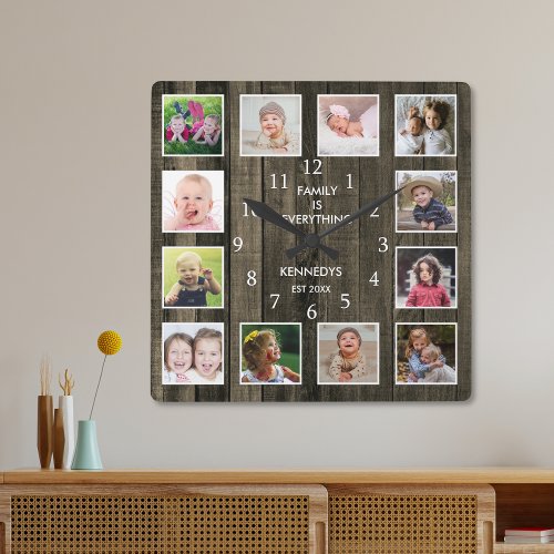 Custom 12 Photo Collage Family Quote Pallet Wood Square Wall Clock
