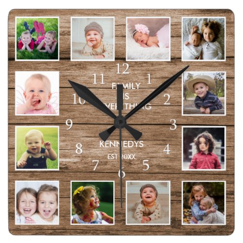 Custom 12 Photo Collage Family Quote Reclaimed Woo Square Wall Clock
