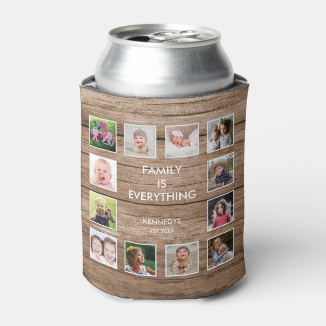 Custom 12 Photo Collage Family Quote ReclaimedWood Can Cooler (Can Front)