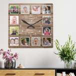 Custom 12 Photo Collage Family Quote ReclaimedWood Square Wall Clock<br><div class="desc">Create your own photo collage wall clock with 12 of your favorite pictures. The photo frame clock helps you treasure your special moments and also makes a thoughtful gift for parents, grandparents and friends. The personalized family clock makes it a perfect gift for all occasions. Personalize with family name and...</div>