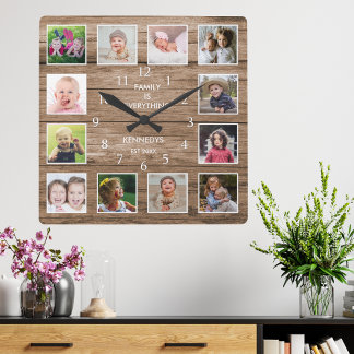 Custom 12 Photo Collage Family Quote ReclaimedWood Square Wall Clock