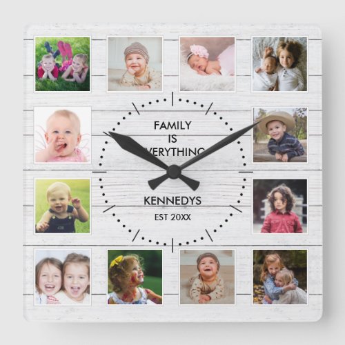 Custom 12 Photo Collage Family Quote White Wood   Square Wall Clock