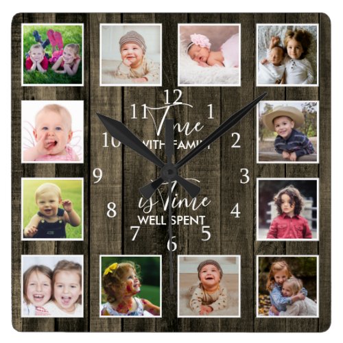 Custom 12 Photo Collage Family Time Quote Wood Square Wall Clock