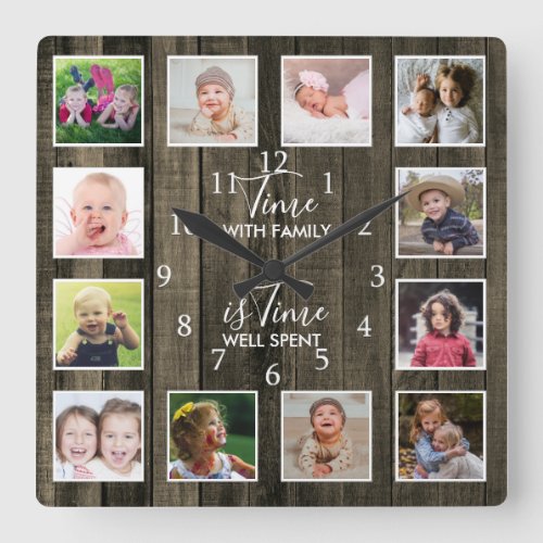 Custom 12 Photo Collage Family Time Quote  Wood Square Wall Clock