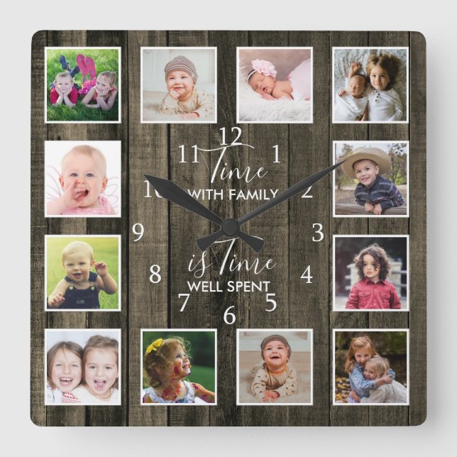 Custom 12 Photo Collage Family Time Quote  Wood Square Wall Clock (Front)