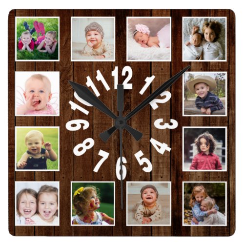 Custom 12 Photo Collage Frame Pallet Wood Square Wall Clock