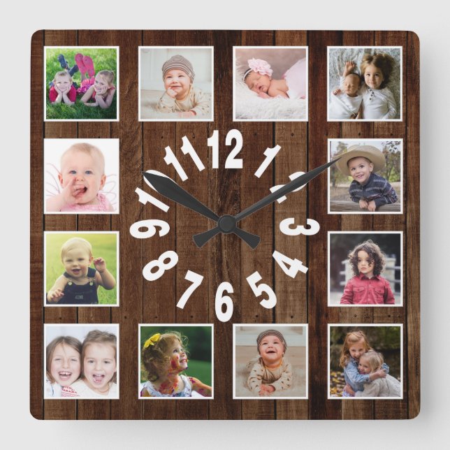 Custom 12 Photo Collage Frame Pallet Wood Square Wall Clock (Front)