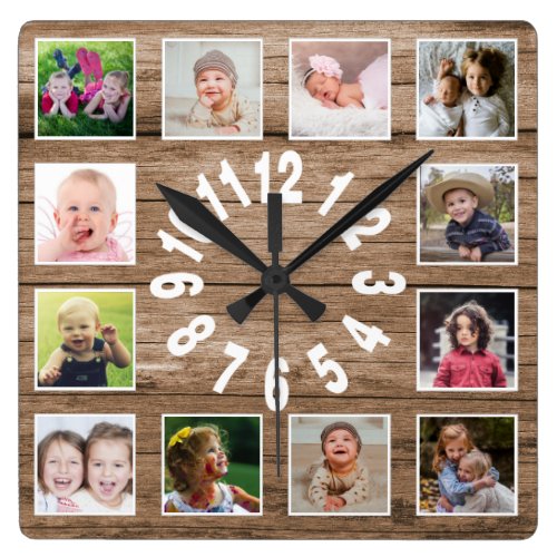 Custom 12 Photo Collage Frame Reclaimed Wood Square Wall Clock