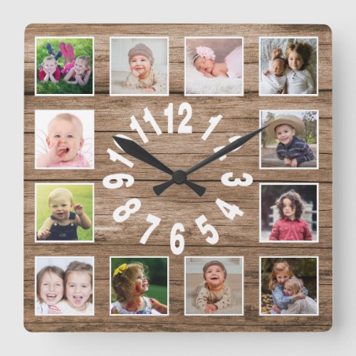 Custom 12 Photo Collage Frame Reclaimed Wood Square Wall Clock