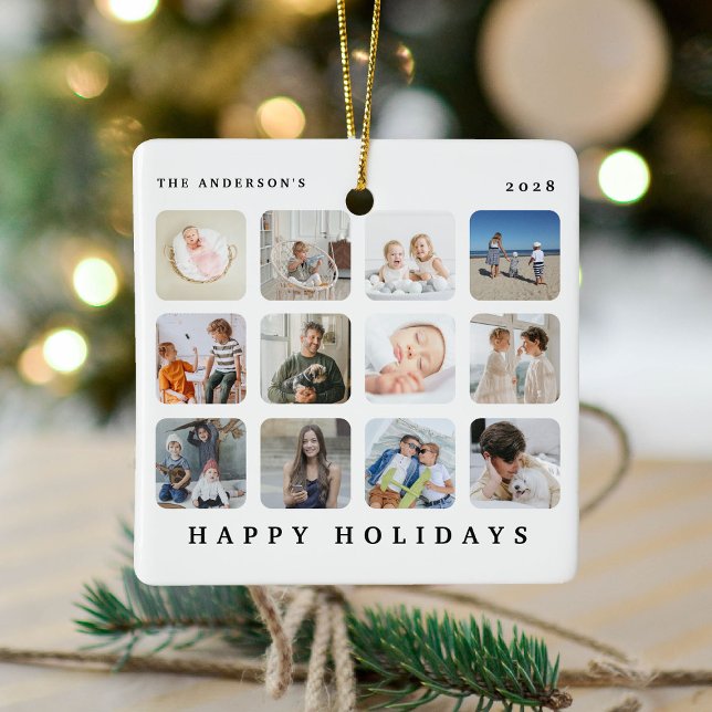 Custom 12 Photo Collage Happy Holidays Christmas Ceramic Ornament (Creator Uploaded)