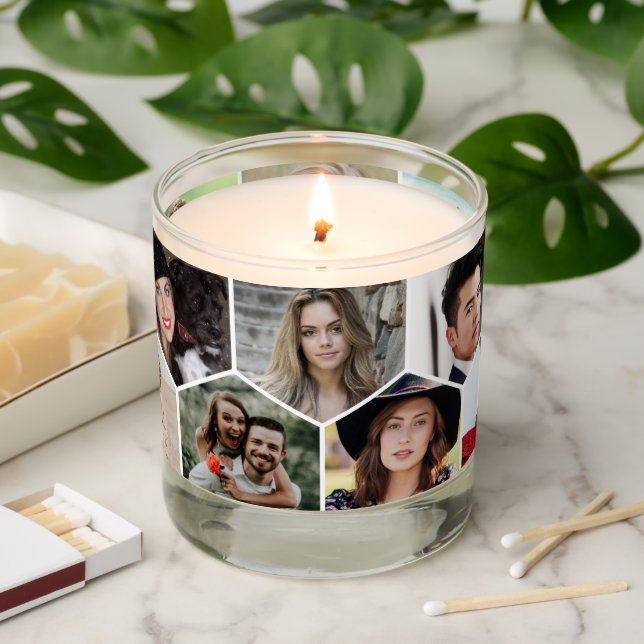 Custom 12 Photo Collage Honeycomb Hexagon  Scented Candle (Lit)