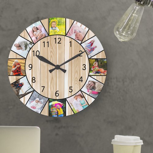 Custom 12 Photo Collage Pine Wood Round Large Clock