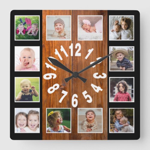 Custom 12 Photo Collage Rustic Brown Wood  Black Square Wall Clock