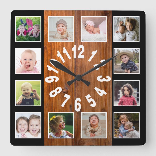 Custom 12 Photo Collage Rustic Brown Wood  Black Square Wall Clock (Front)
