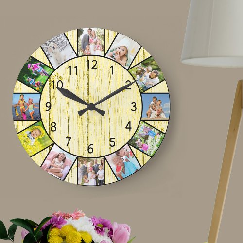 Custom 12 Photo Collage Rustic Cream Wood Round Large Clock