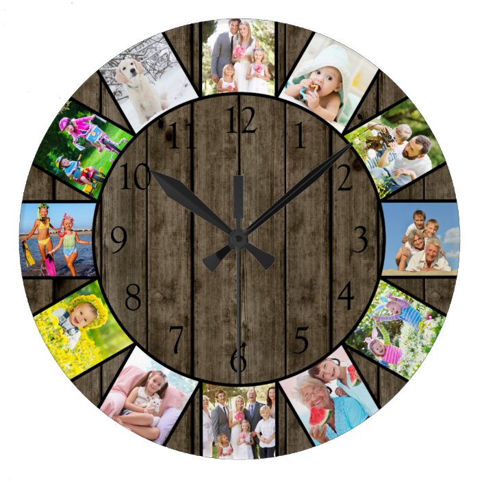 Custom 12 Photo Collage Rustic Dark Wood Round Large Clock Zazzle Com