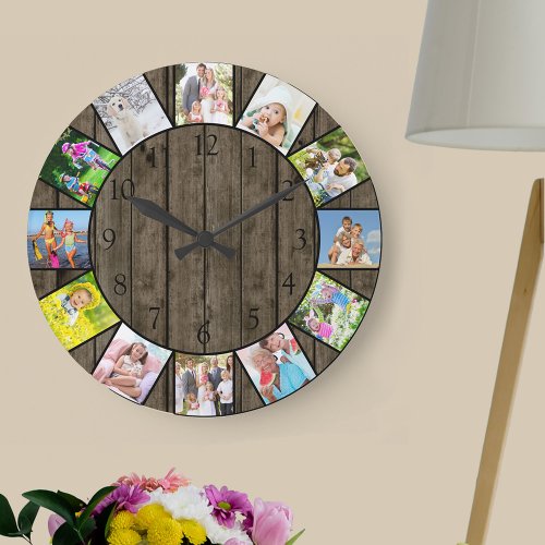 Custom 12 Photo Collage Rustic Dark Wood Round Large Clock