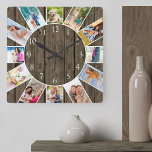 Custom 12 Photo Collage Rustic Dark Wood Square Wall Clock<br><div class="desc">Create your own unique wall clock with 12 of your favorite photos. The photo template is set up ready for you to add your pictures working clockwise from the top. This attractive, dark wood look design has white numbers and will look great with modern, rustic and farmhouse decor. For this...</div>