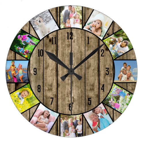 Custom 12 Photo Collage Rustic Natural Wood Round Large Clock