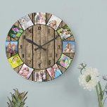 Custom 12 Photo Collage Rustic Natural Wood Round Large Clock<br><div class="desc">Create your own unique wall clock. The photo template is set up ready for you to add 12 of your favorite photos. Add your pictures working clockwise from the top and switch them around to get the look you want. This natural wood look design has black numbers and will look...</div>