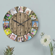Custom 12 Photo Collage Rustic Natural Wood Round Large Clock