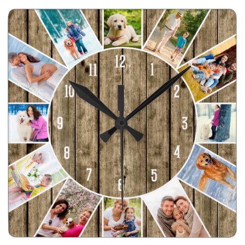 Custom 12 Photo Collage Rustic Natural Wood Square Wall Clock