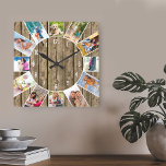 Custom 12 Photo Collage Rustic Natural Wood Square Wall Clock<br><div class="desc">Create your own unique wall clock with 12 of your favorite photos. The photo template is set up ready for you to add your pictures working clockwise from the top. This attractive, natural wood look design has white numbers and will look great with modern, rustic and farmhouse decor. For this...</div>