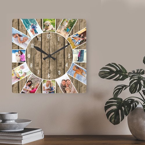 Custom 12 Photo Collage Rustic Natural Wood Square Wall Clock