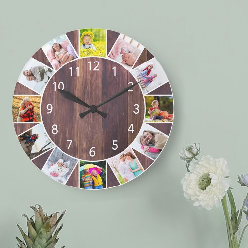 Custom 12 Photo Collage Warm Wood Round Large Clock