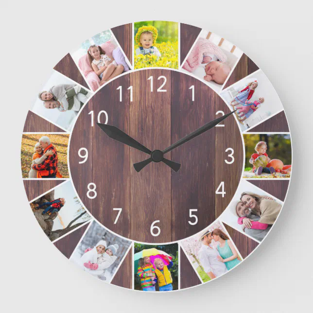 Custom 12 Photo Collage Warm Wood Round Large Clock | Zazzle