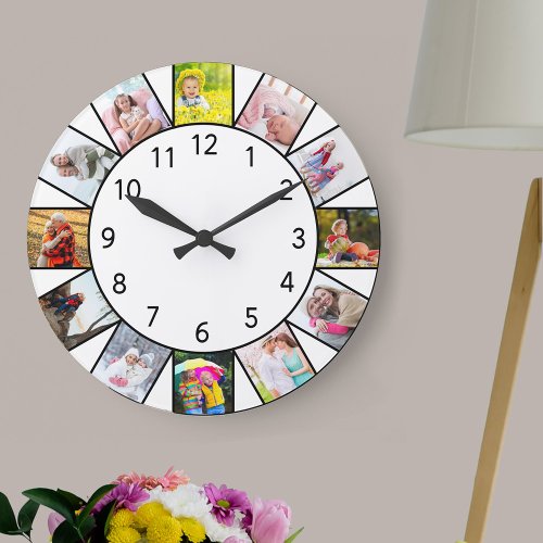 Custom 12 Photo Collage White Round Large Clock