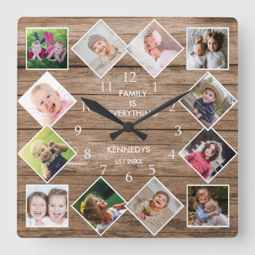 Custom 12 Photo Frame Collage Family Quote  Wood Square Wall Clock