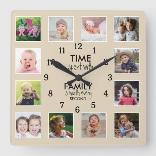 Custom 12 Photo Template Time With Family Quote Square Wall Clock
