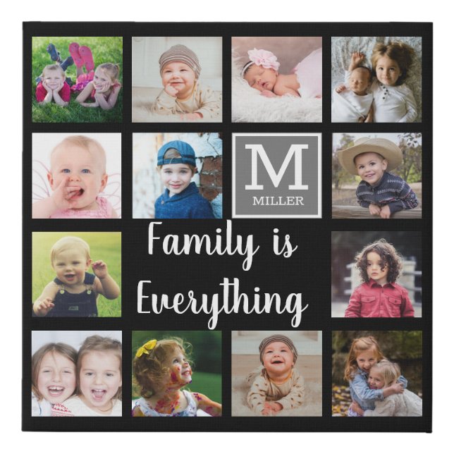 Custom 13 Photo Collage Family Monogram Black Faux Canvas Print (Front)