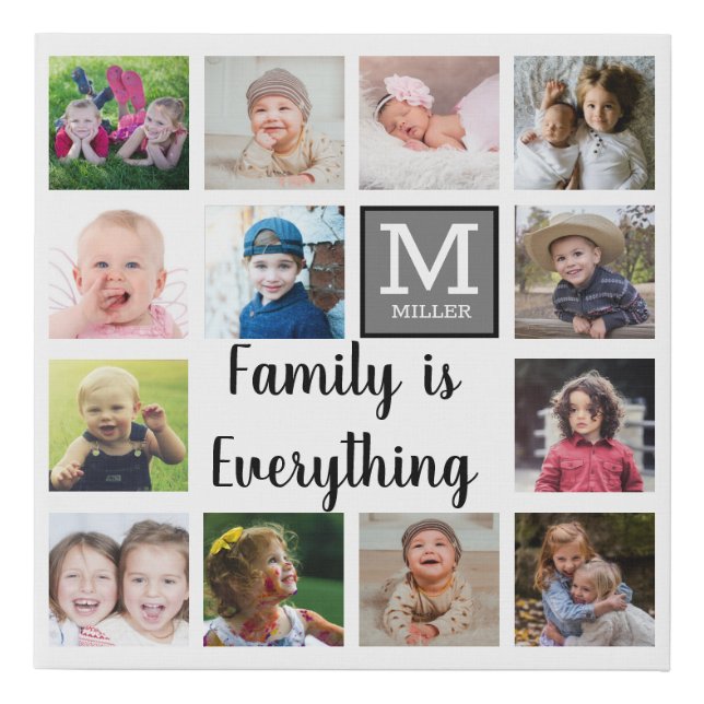 Custom 13 Photo Collage Family Monogram White Faux Canvas Print (Front)