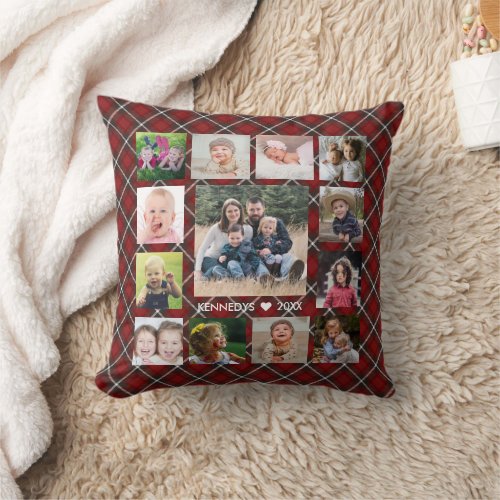 Custom 14 Photo Collage Family Name Red Plaid Throw Pillow