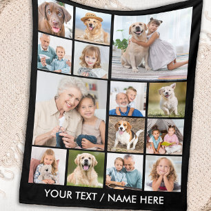 Custom 14 Photo Collage Personalized Black Fleece Blanket